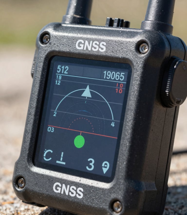 Close-up of a ruggedized GNSS receiver interface showing live satellite signal strengths, bright natural outdoor lighting, high-contrast realistic tones