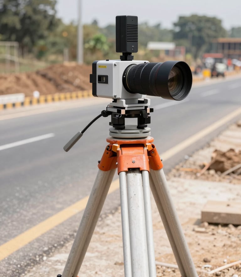 High-precision GNSS rover mounted on a heavy-duty tripod in an active Indian highway construction site, bright natural daylight, 35mm lens, sharp focus