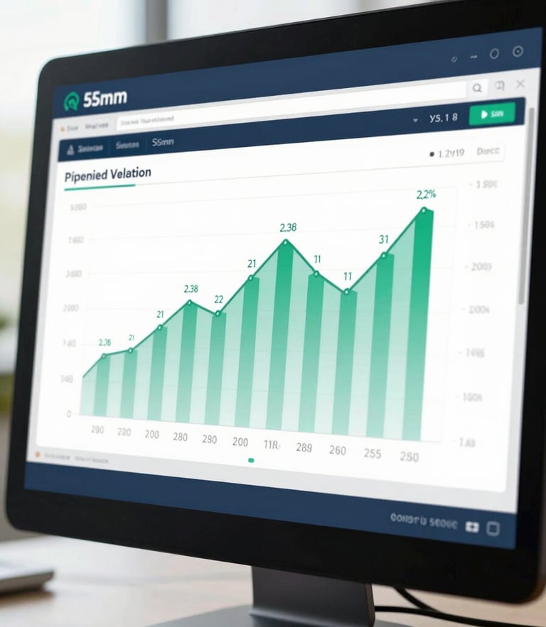 Close-up of a professional analytical dashboard displaying pipeline velocity metrics, bright natural office daylight, clean navy and emerald tones, 35mm