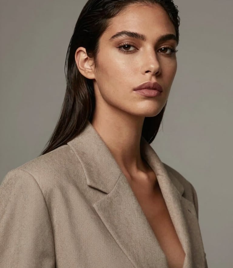 Elegant fashion portrait of a Latina model with sharp features, high-fashion styling, soft studio lighting, muted neutral background, 85mm lens