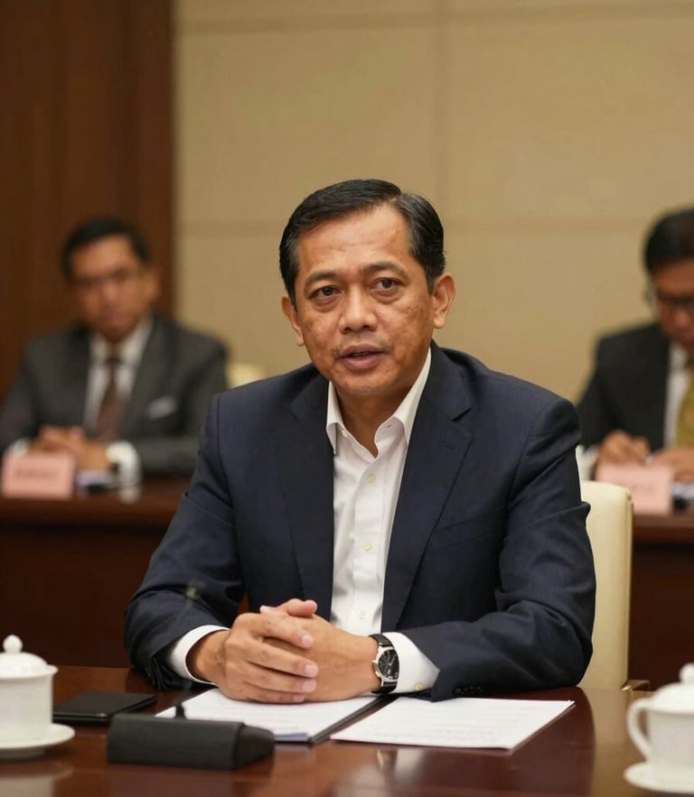 Candid portrait of an Indonesian corporate leader speaking at an elegant boardroom roundtable, warm indoor lighting, shallow depth of field, 35mm
