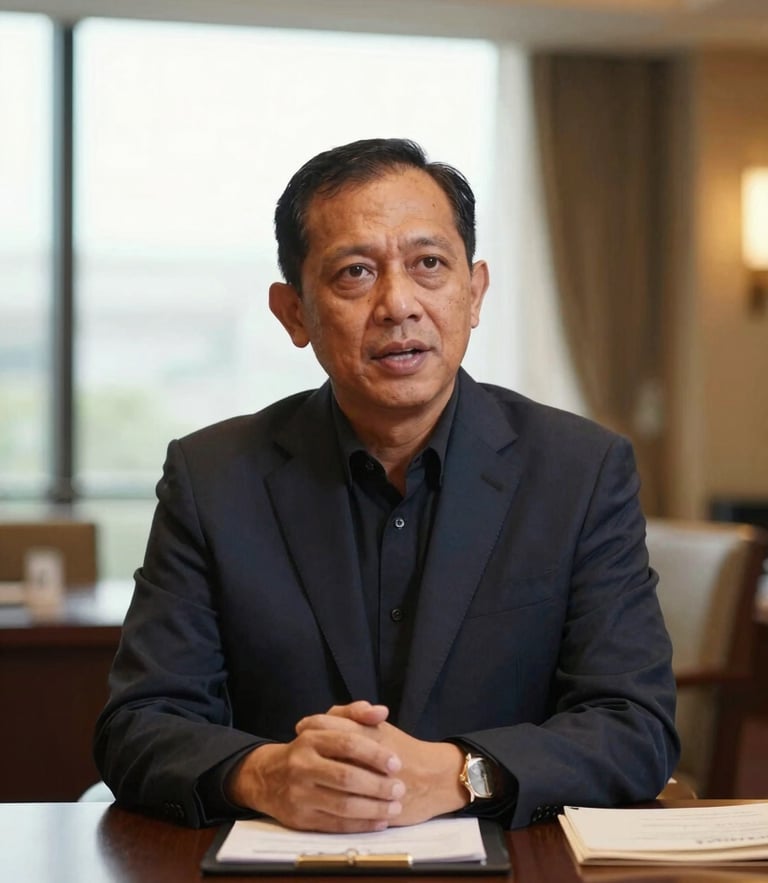Candid portrait of an Indonesian corporate leader speaking at an elegant boardroom table, warm ambient window light, shallow depth of field, 35mm