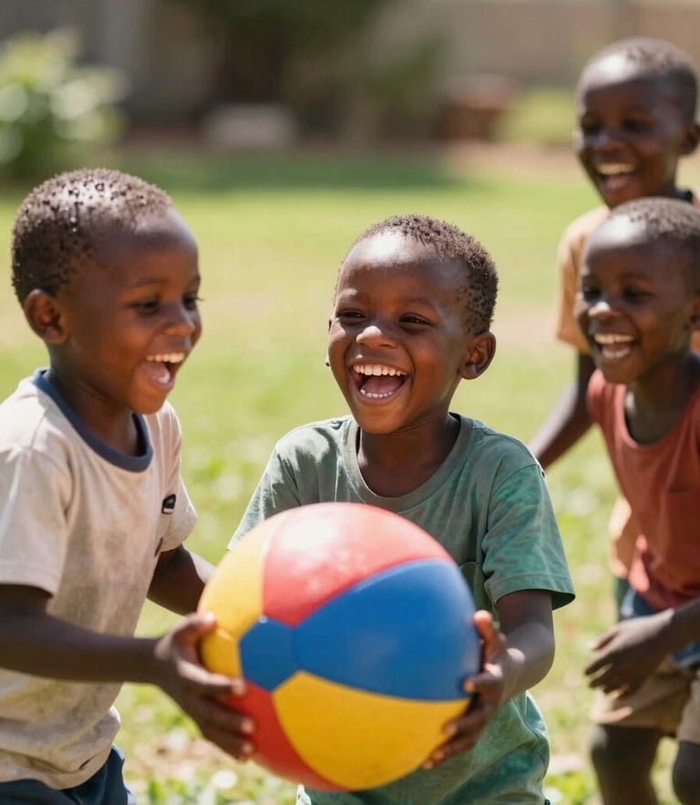 Joyful South African children laughing and playing with a colorful ball in a bright, sunlit green garden, warm editorial photography, shallow depth of field, 35mm