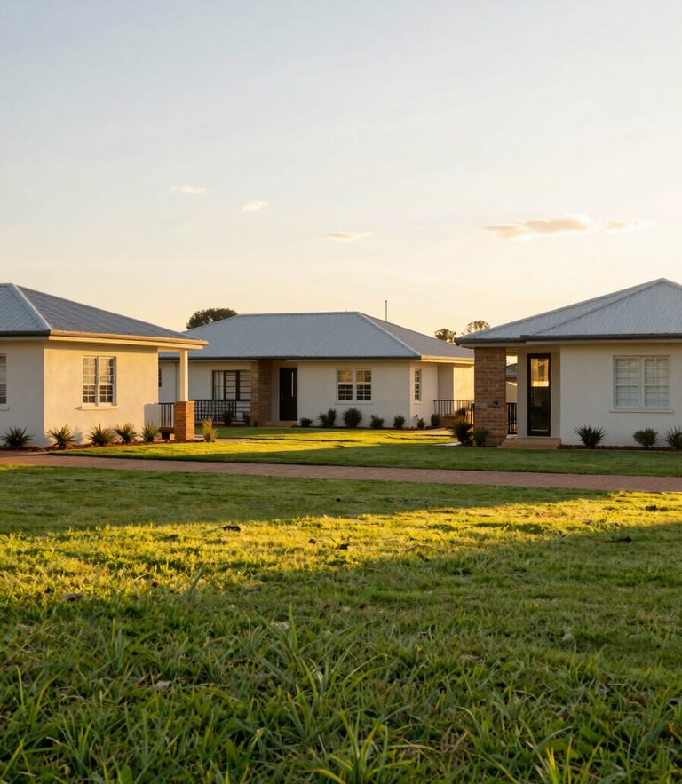 A wide-angle environmental photograph of a modern, clean residential home campus in South Africa, bathed in warm golden afternoon sunlight, green lawns in the foreground.