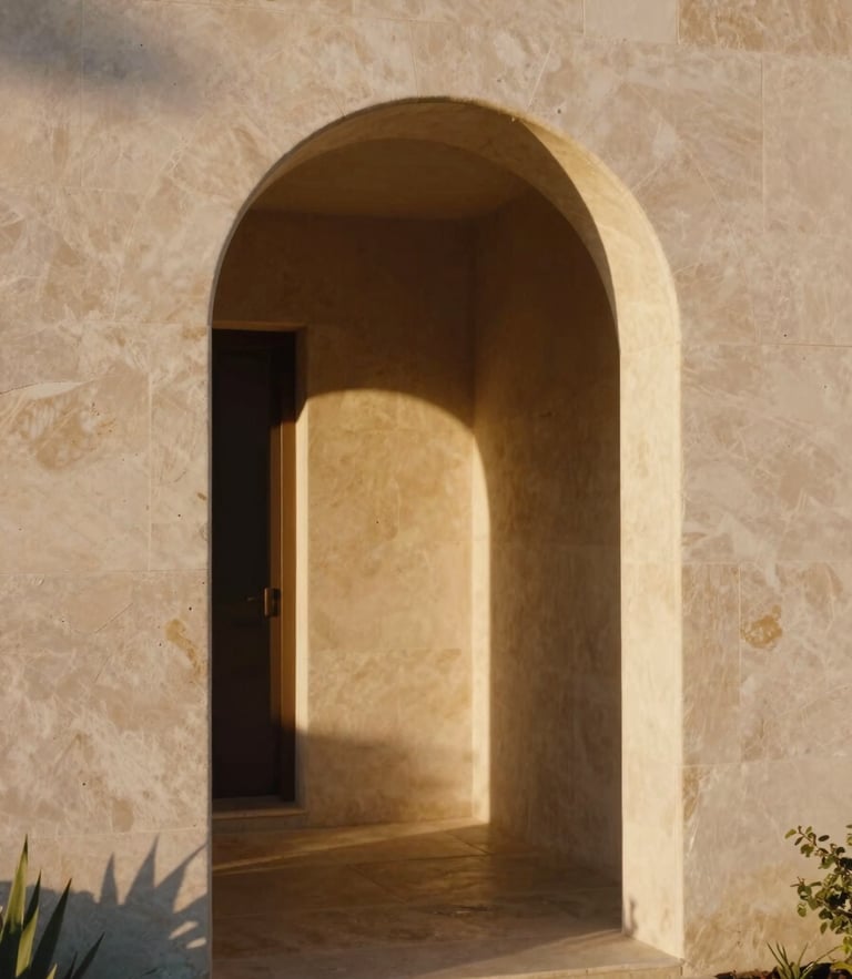 Warm editorial architectural photography, sun-drenched stone archway of a minimalist villa, soft golden hour shadows, 35mm film aesthetic