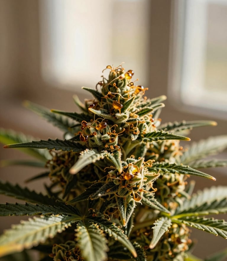 Macro close-up of pristine cannabis flower showing amber trichomes, warm natural window light, soft organic shadows, shallow depth of field, 35mm