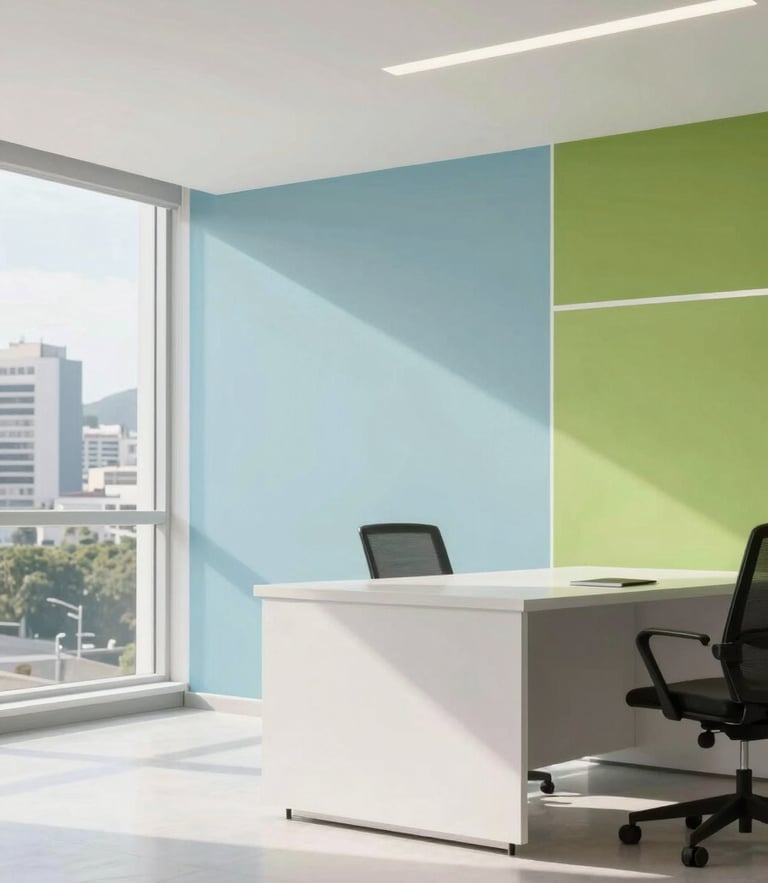 Bright modern corporate office in Rio de Janeiro, clean minimalist architecture, soft blue and green accents, natural daylight, 35mm photography