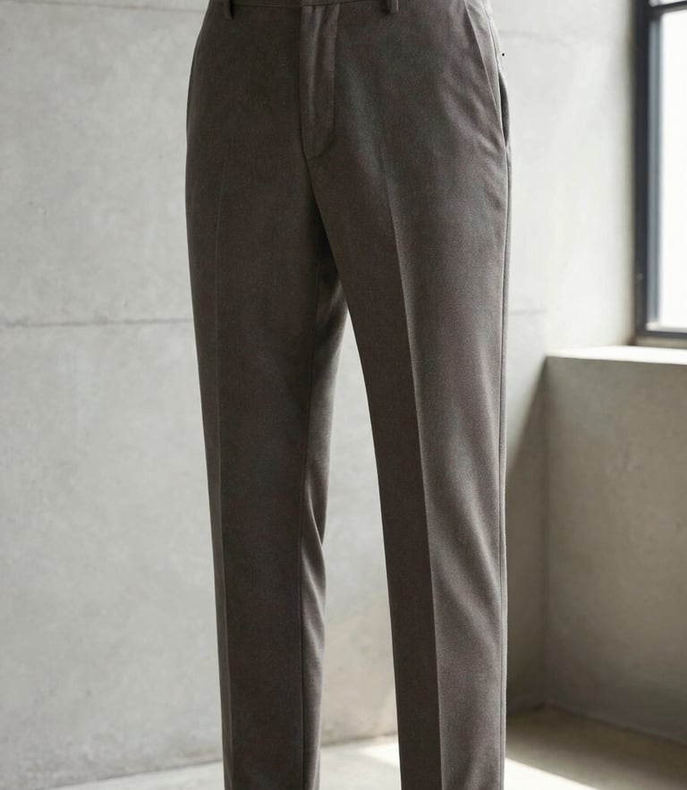 Medium-close shot of premium wool trousers drape on a model standing near a minimalist concrete wall, soft natural window light, emphasizing the sharp crease and elegant drape.