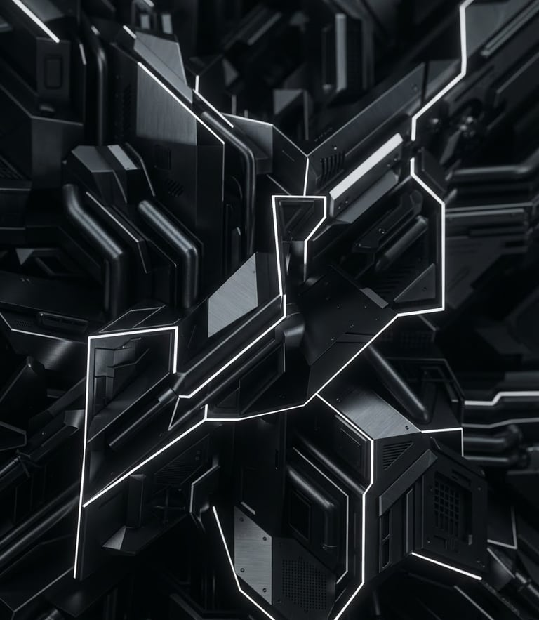 Macro close-up of dark metallic abstract geometry, sharp white edge highlights, futuristic 3D render, minimalist tech aesthetic, cinematic depth.