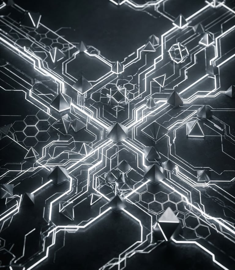 Futuristic 3D render of sharp metallic nodes and glowing white data paths on a dark charcoal background, isometric angle, cinematic depth