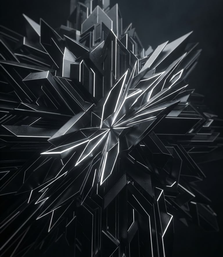Futuristic 3D render of sharp metallic geometry, dark charcoal and black palette, glowing white edge highlights, cinematic depth