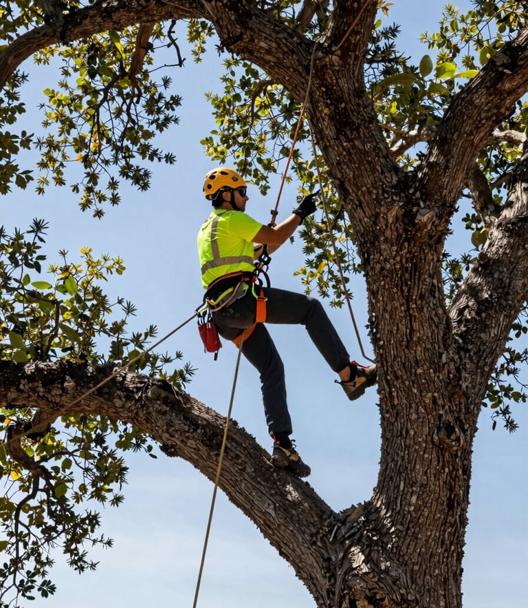 Low angle shot of a professional arborist in high-vis gear and helmet, safely pruning a massive coast live oak in bright Santa Clarita sunlight