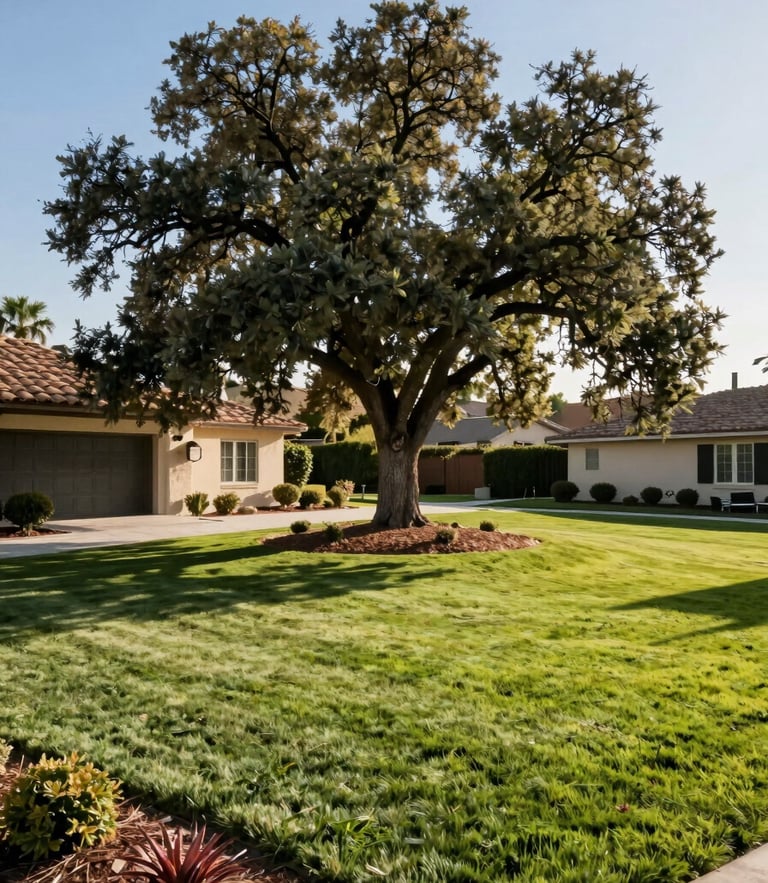 A pristine, manicured suburban lawn in Valencia, Santa Clarita, with a perfectly pruned mature oak tree, clean mulched beds, no debris, bright afternoon Southern California sun