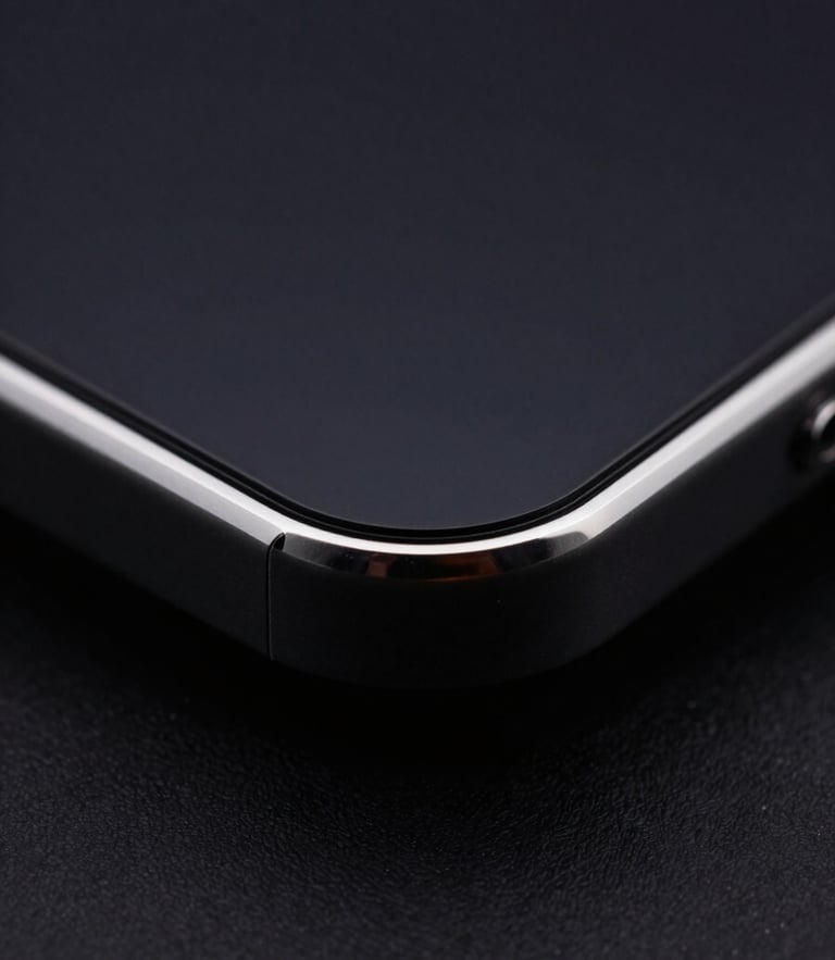 Extreme macro close-up of a grade 5 titanium chamfered edge of a luxury smartphone, sharp rim lighting, deep obsidian tones, shallow depth of field.
