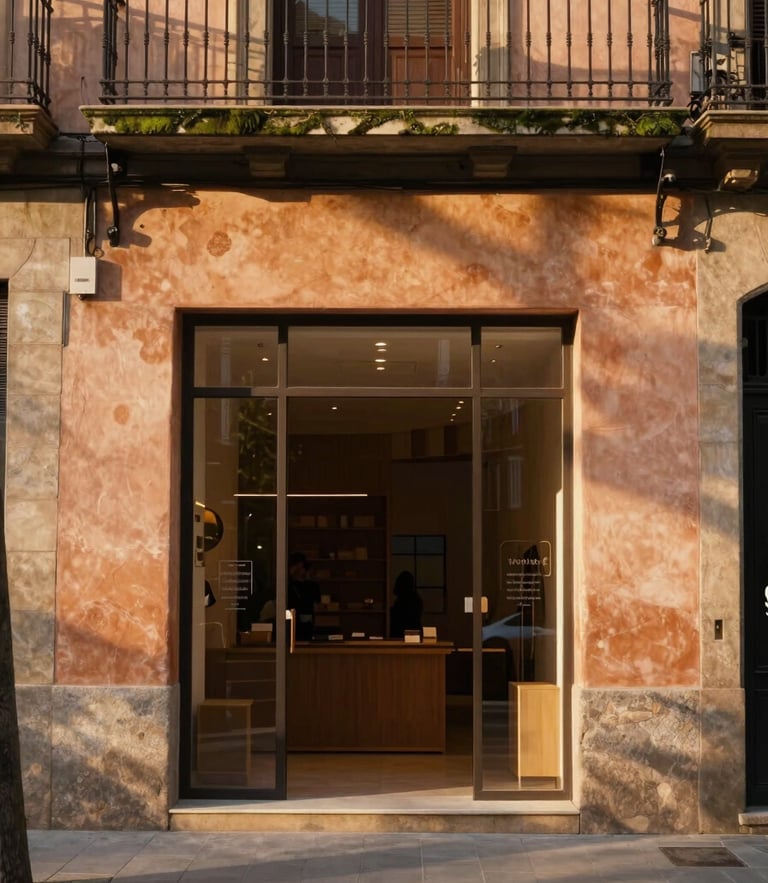 Warm editorial photography of a classic modernist storefront in Barcelona, golden-hour natural light, earthy terracotta tones, 35mm