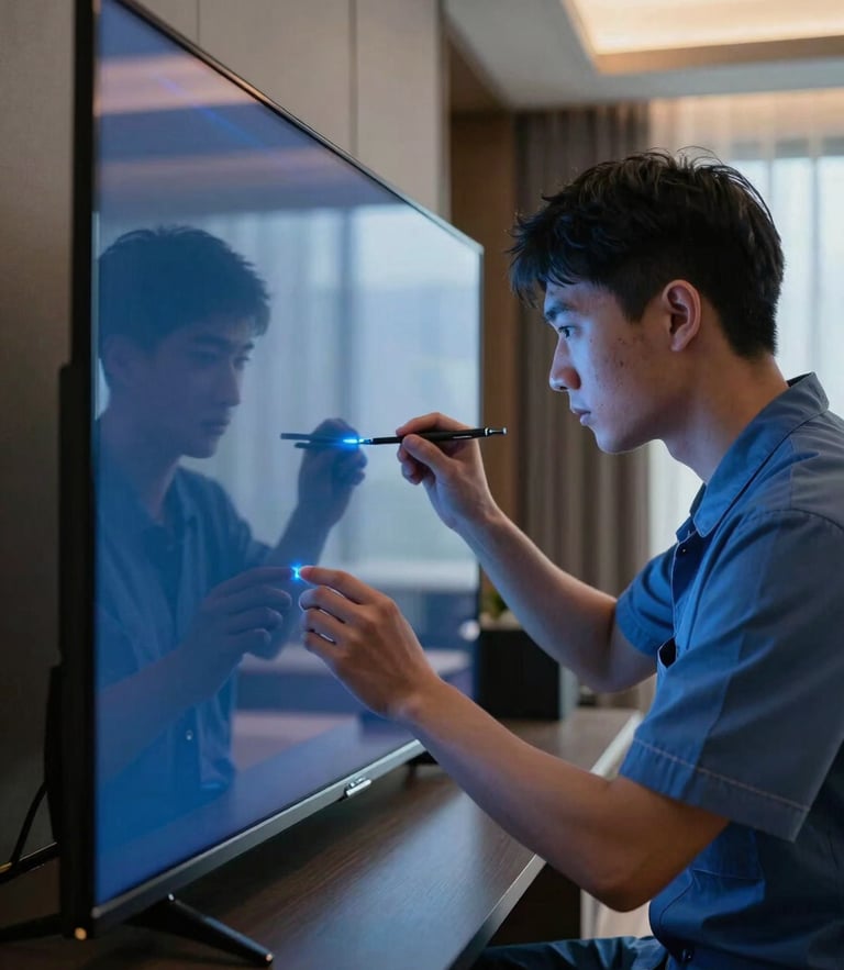 Macro shot of a professional technician in clean uniform calibrating a glowing OLED TV screen inside a modern luxury apartment in Bogotá, cool high-tech blue lighting reflections.