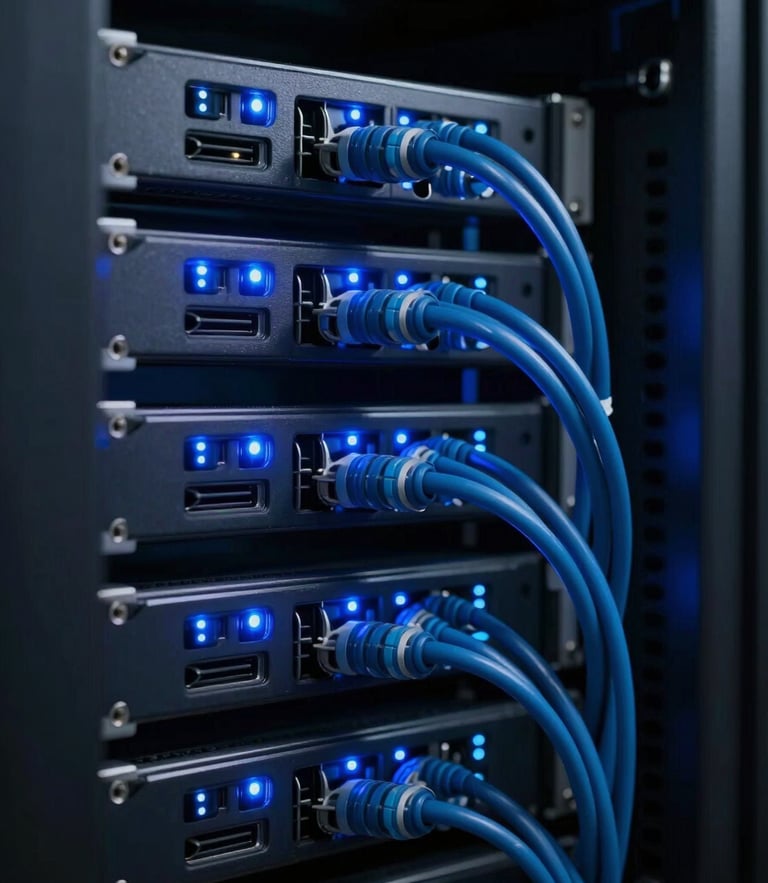 Macro close-up of clean corporate server rack with blue LED status lights, organized cables, dark technical atmosphere, sharp focus, 35mm