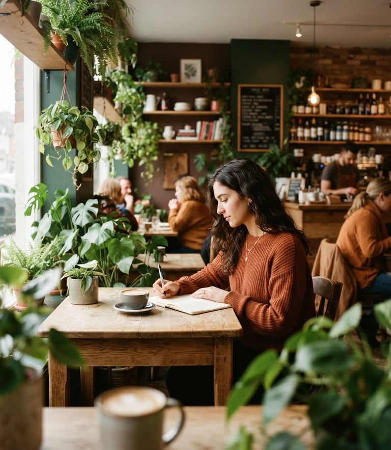 Warm editorial photography of a cozy plant-filled cafe interior, soft window light casting gentle shadows on wooden tables, 35mm
