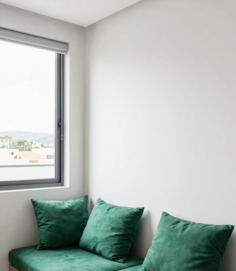 Bright modern studio apartment interior in Varginha, clean white walls, emerald green cushions, natural window light, 24mm lens