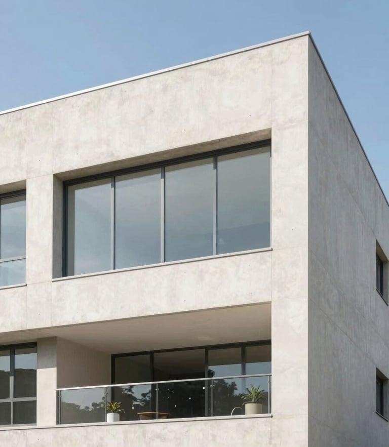 Bright architectural photography of a modern building exterior in Varginha, clean concrete lines, blue sky, soft natural daylight, 24mm lens