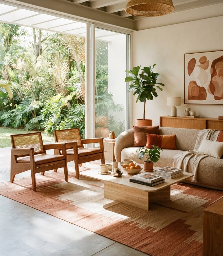 Warm editorial photography of a beautifully styled modern Brazilian living room, terracotta accents, natural daylight, soft shadows, 35mm