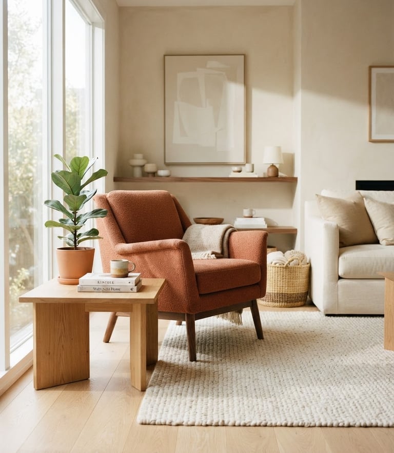 Warm modern living room with daylight, a terracotta armchair, minimalist wooden coffee table, soft shadows, 35mm photography