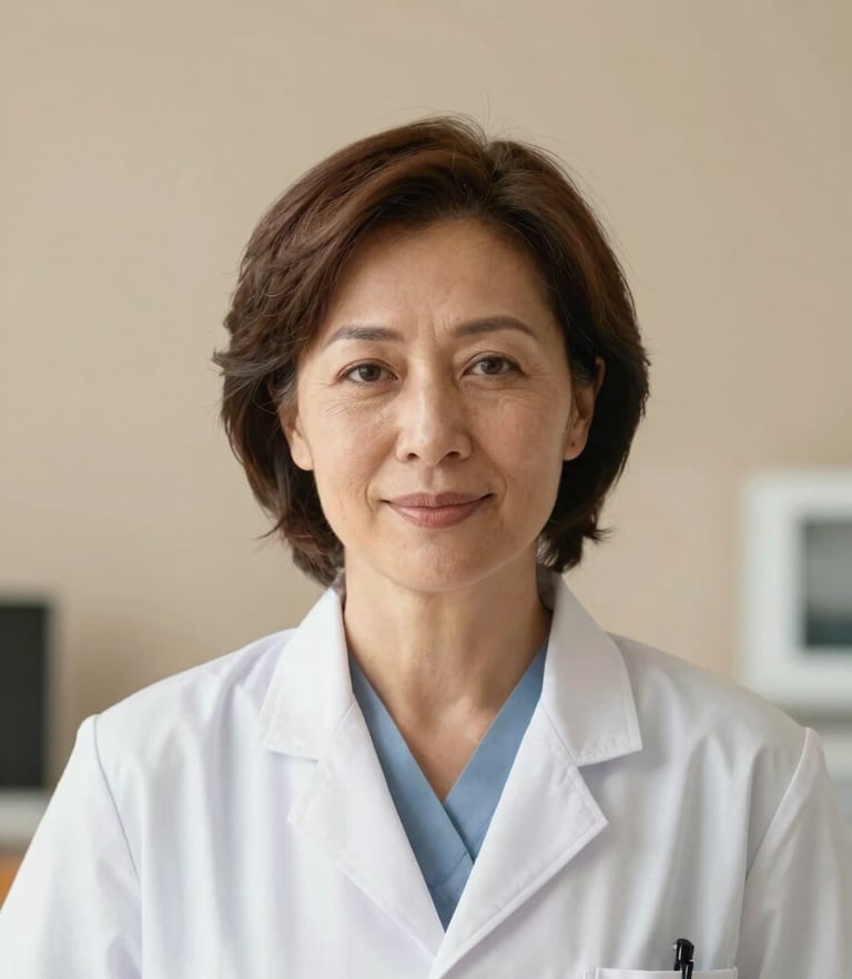 Warm editorial portrait of a female doctor in her 40s with a kind, professional expression, soft natural daylight, sand and mink tones, clean minimalist clinic background, 35mm