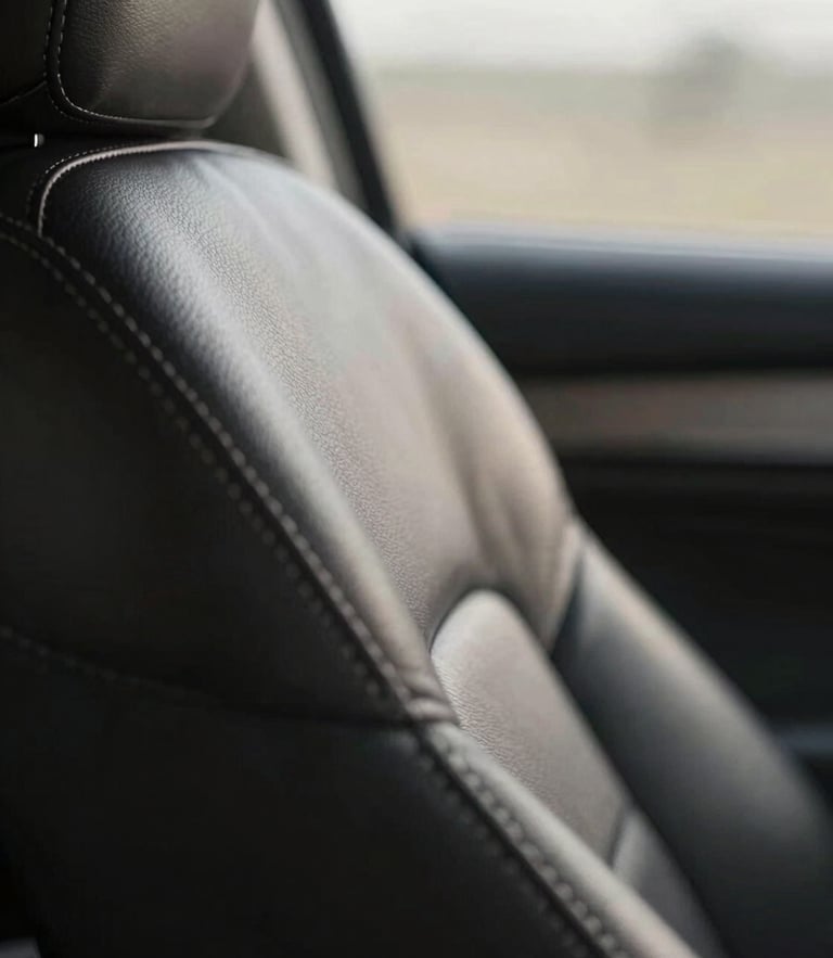Macro detail of pristine leather stitching on an executive seat, soft morning light filtering through a tinted window, shallow depth of field.
