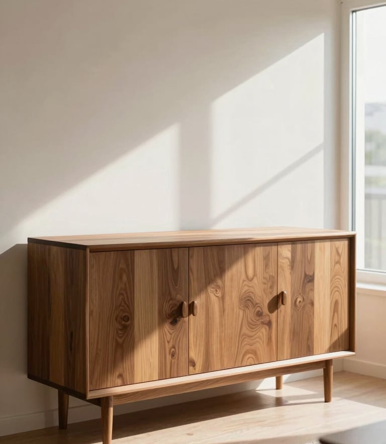 Warm editorial photography of a sunlit, clean living room in Sarıyer with a premium wooden sideboard, natural window light, shallow depth of field