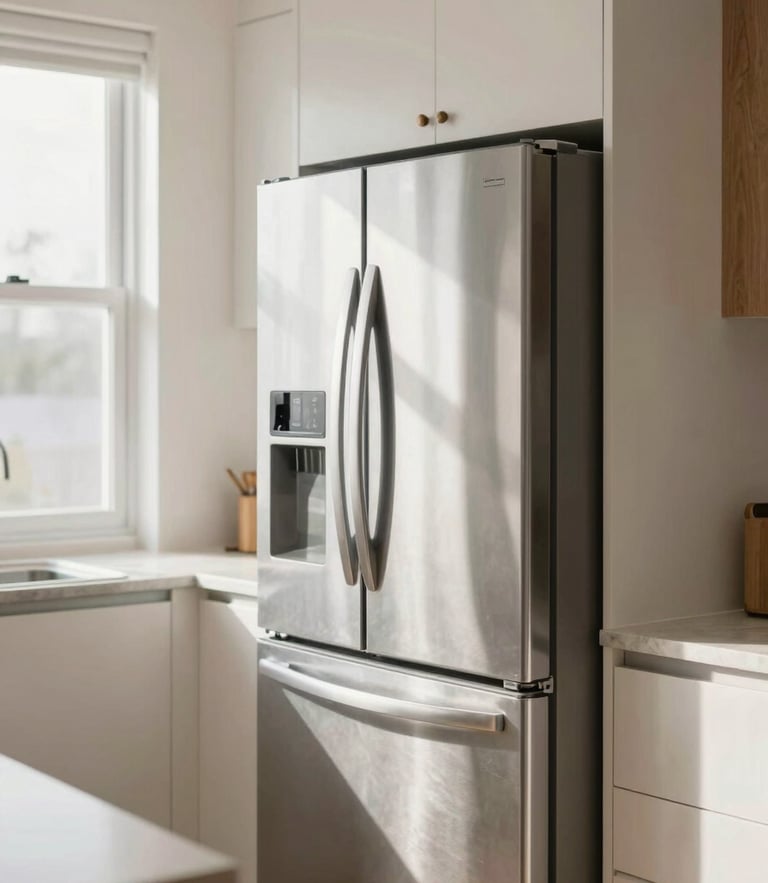 A bright modern kitchen with a premium stainless steel refrigerator, natural window light casting soft shadows, clean minimalist domestic interior, shallow depth of field, warm organic tones.