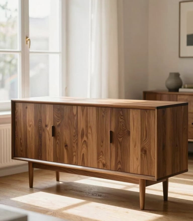 Warm editorial photography of a beautifully arranged, sunlit Istanbul living room with a premium mid-century modern wooden sideboard, clean minimal lines, bright natural window light streaming in, shallow depth of field, rich organic tones, elegant domestic interior