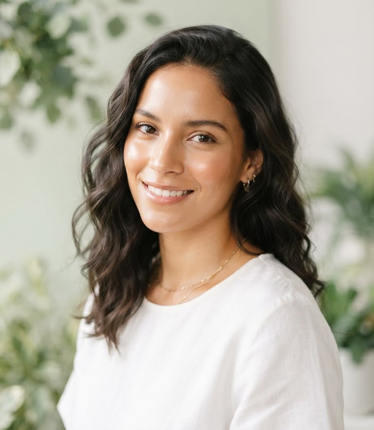 Elegant portrait of a Colombian woman with radiant skin, soft natural daylight, minimalist botanical background with sage green tones, bright clean studio lighting