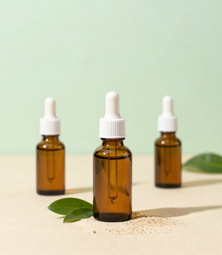 Minimalist clean product photography of amber glass dropper bottles on a warm sand surface, soft shadows, green leaf accent, bright daylight