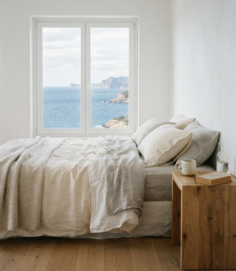 Soft natural daylight flooding a minimalist white bedroom, washed linen sheets, raw oak bedside table, view of the sea, warm editorial photography, medium format film