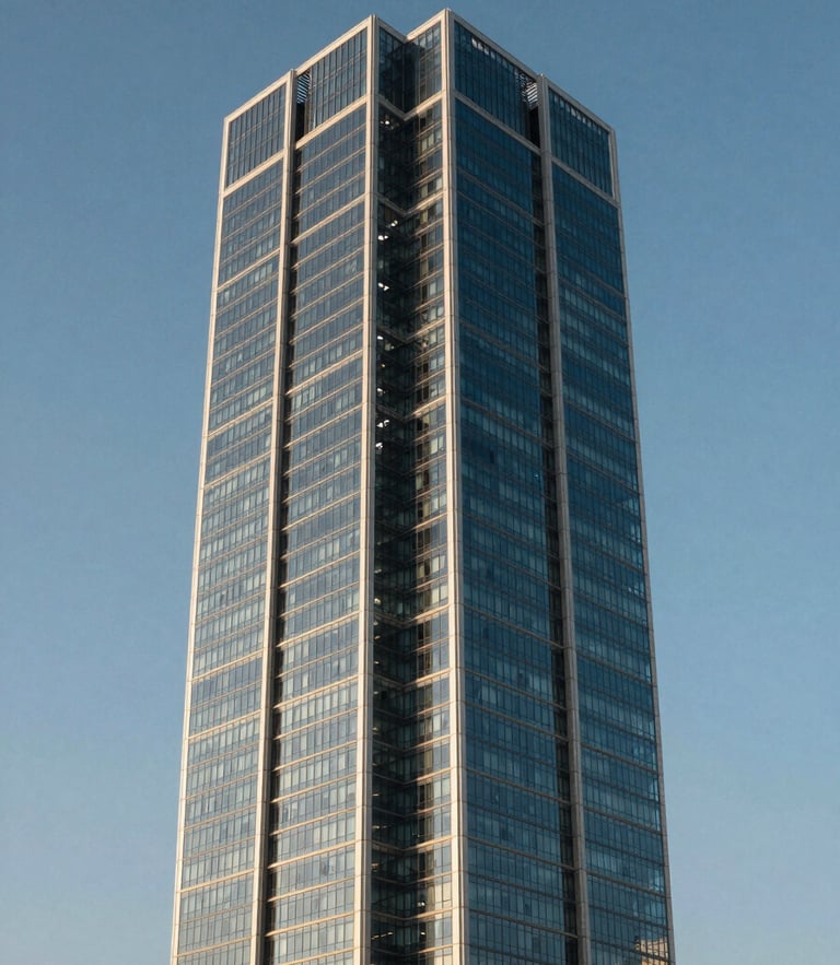 Crisp daylight architectural elevation of a modern glass-and-steel high-rise tower on the Abu Dhabi Corniche, reflecting the blue sky, emphasizing clean lines and structural scale.