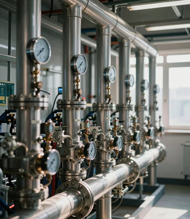 High-end mechanical room with clean steel pipes, modern pressure gauges, and structured technical layouts, bright daylight.