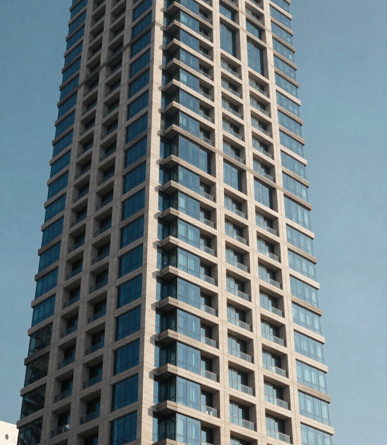 Crisp daylight architectural shot of a modern Abu Dhabi high-rise facade reflecting the blue sky, emphasizing structural integrity and clean lines