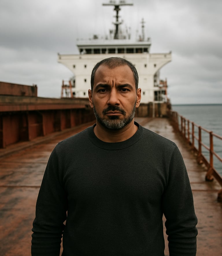 High-contrast portrait of owner Salah Sulaiman Abdullah standing on the steel deck of the Lady Gona cargo vessel, overcast coastal daylight, industrial maritime setting.