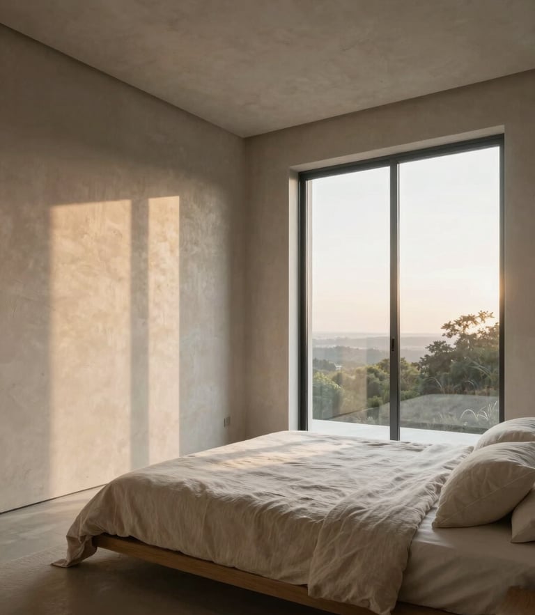 One-point perspective architectural photograph of a minimalist bedroom at sunrise, raw plaster walls, low-profile bed with natural linen, soft morning light streaming through floor-to-ceiling windows.