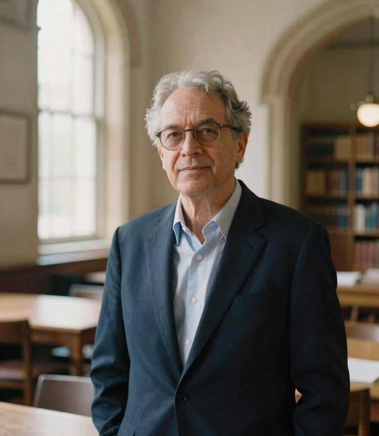 A distinguished researcher in a classic university library setting, soft natural window light, historical stone archways in the background, 35mm photography
