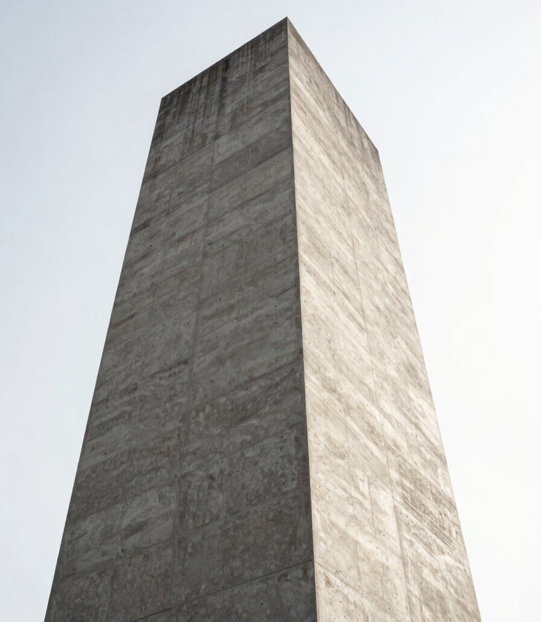 Low-angle architectural shot of a monolithic concrete tower against a stark white sky, casting sharp geometric shadows.