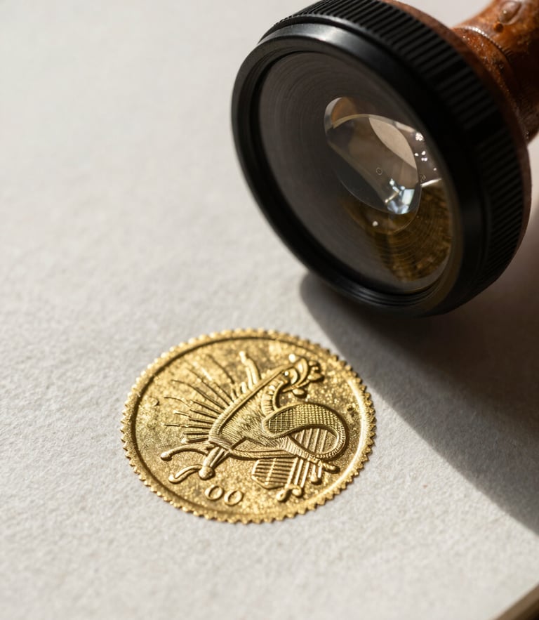 Macro close-up of heavy-weight cotton paper document with sharp geometric shadow falling across a gold-embossed seal.