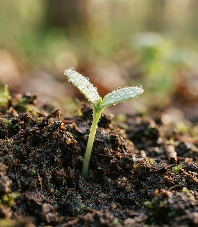 Macro shot of a dew-covered seedling emerging from rich organic soil, soft morning daylight, shallow depth of field, 35mm