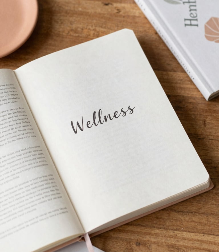 Overhead flat-lay of printed wellness journals on a warm wooden table, soft morning daylight, delicate terracotta details, cozy atmosphere