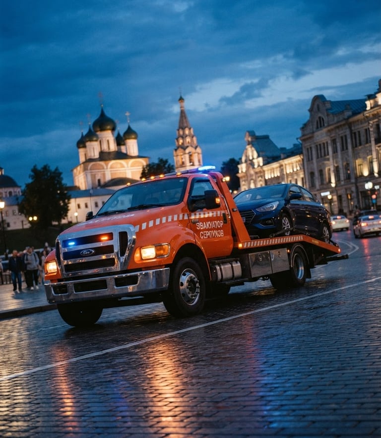 Low-angle heroic shot of a modern clean tow truck on a Serpukhov street, dramatic evening light, deep blue and safety orange tones, sharp focus, 35mm