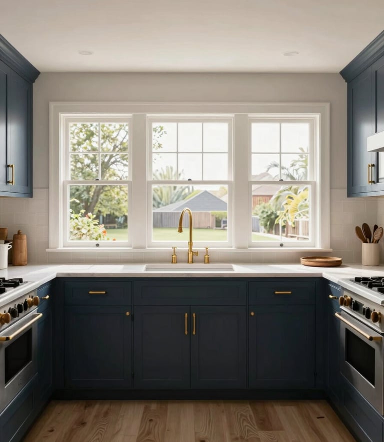 Straight-on architectural photograph of a completed modern kitchen renovation, bright natural daylight streaming through large windows, crisp brass hardware details on deep navy cabinets, warm neutral tones.