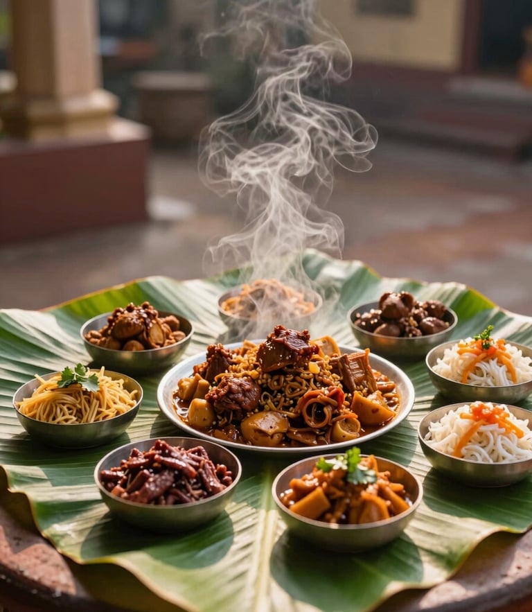 A stunning visual of a traditional Brahmin feast served on fresh green banana leaves, steam rising from freshly made Bisibele Bath, warm morning temple light