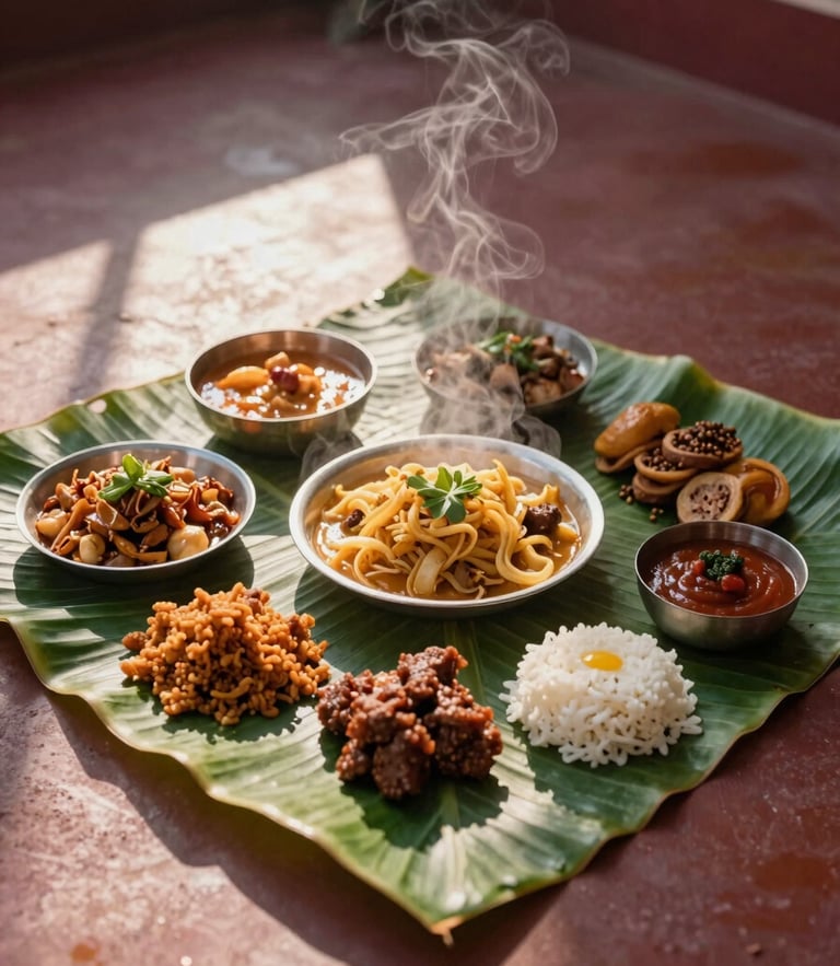 Overhead flat-lay of a traditional South Indian Brahmin feast served on a fresh banana leaf, warm morning courtyard sunlight casting long soft shadows, steam rising, rich maroon tones, 35mm