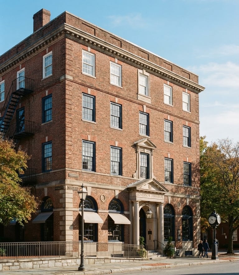 Stately brick exterior of the historic Governor Dinwiddie building in Portsmouth, crisp morning light, architectural details, 35mm photography