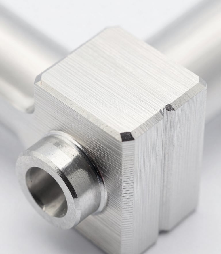 Macro close-up of a pristine CNC machined aluminum component with sharp edges and fine toolpaths, bright high-key studio lighting, shallow depth of field